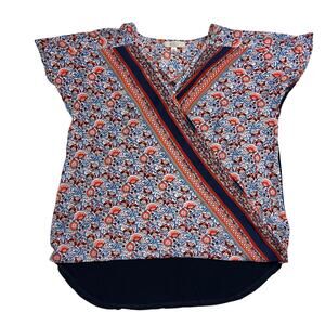 Halo Womens Blouse Top Shirt Floral Print Faux Wrap Pullover Short Sleeve Small